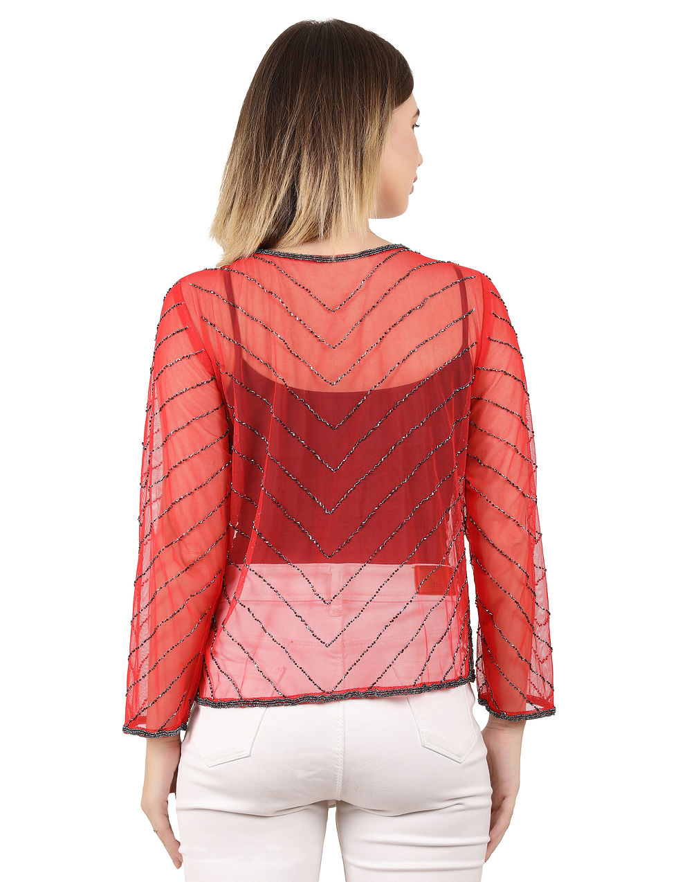 Thumbnail: UNFAKENOW Women Full Sleeve Embellished Net Red Shrug
