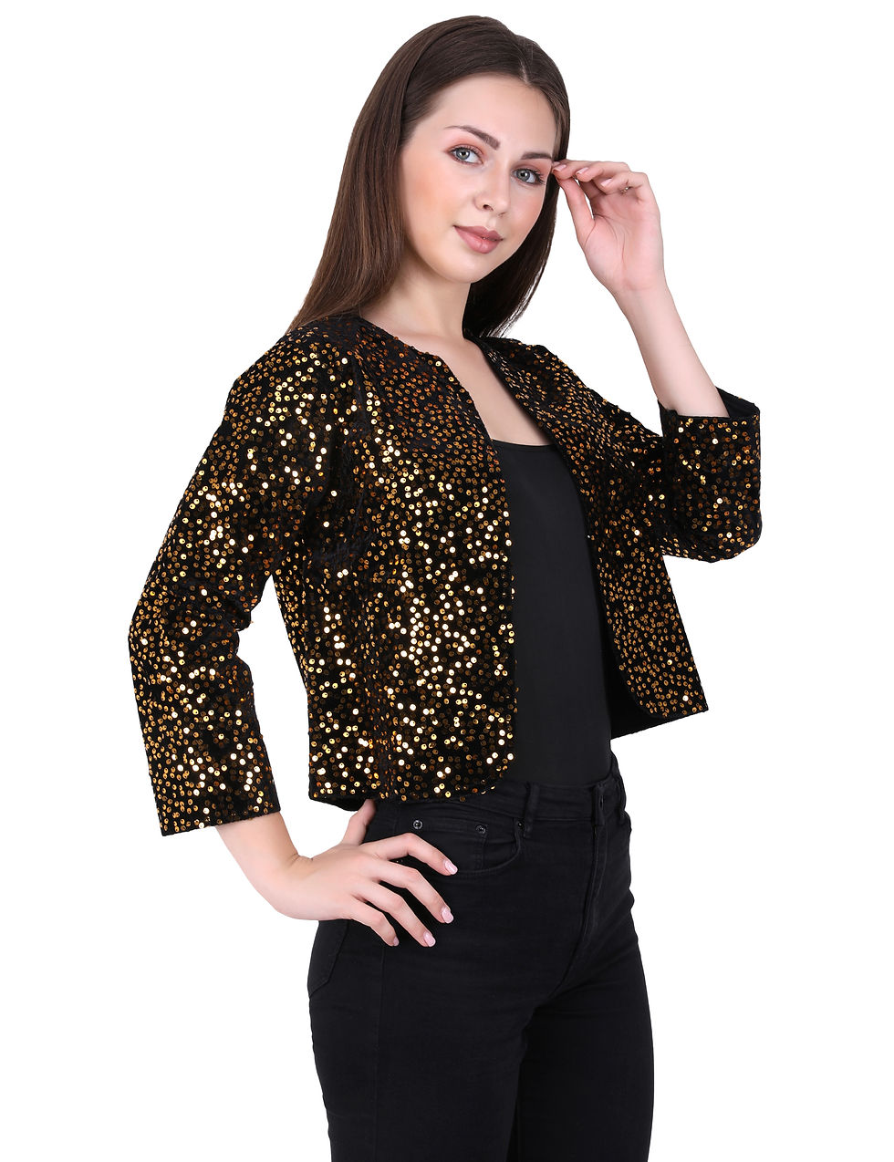 Thumbnail: UNFAKENOW  Women Jacket Style 3/4th Sleeve Sequence Embellished Yellow Shrug
