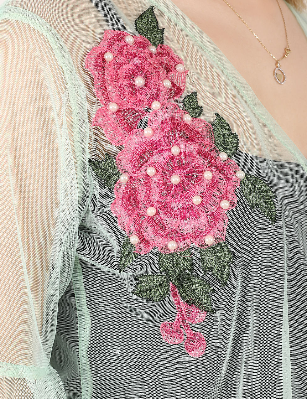 Thumbnail: UNFAKENOW Women Kimono Style Embroidered  3/4th Sleeve Light Green Shrug