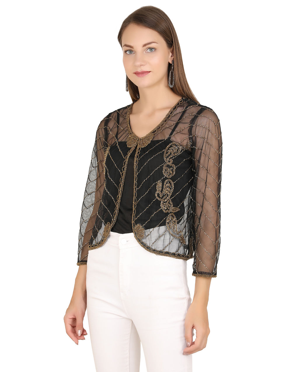 Thumbnail: UNFAKENOW  Women Jacket Style Full Sleeve Embellished Net Black Shrug