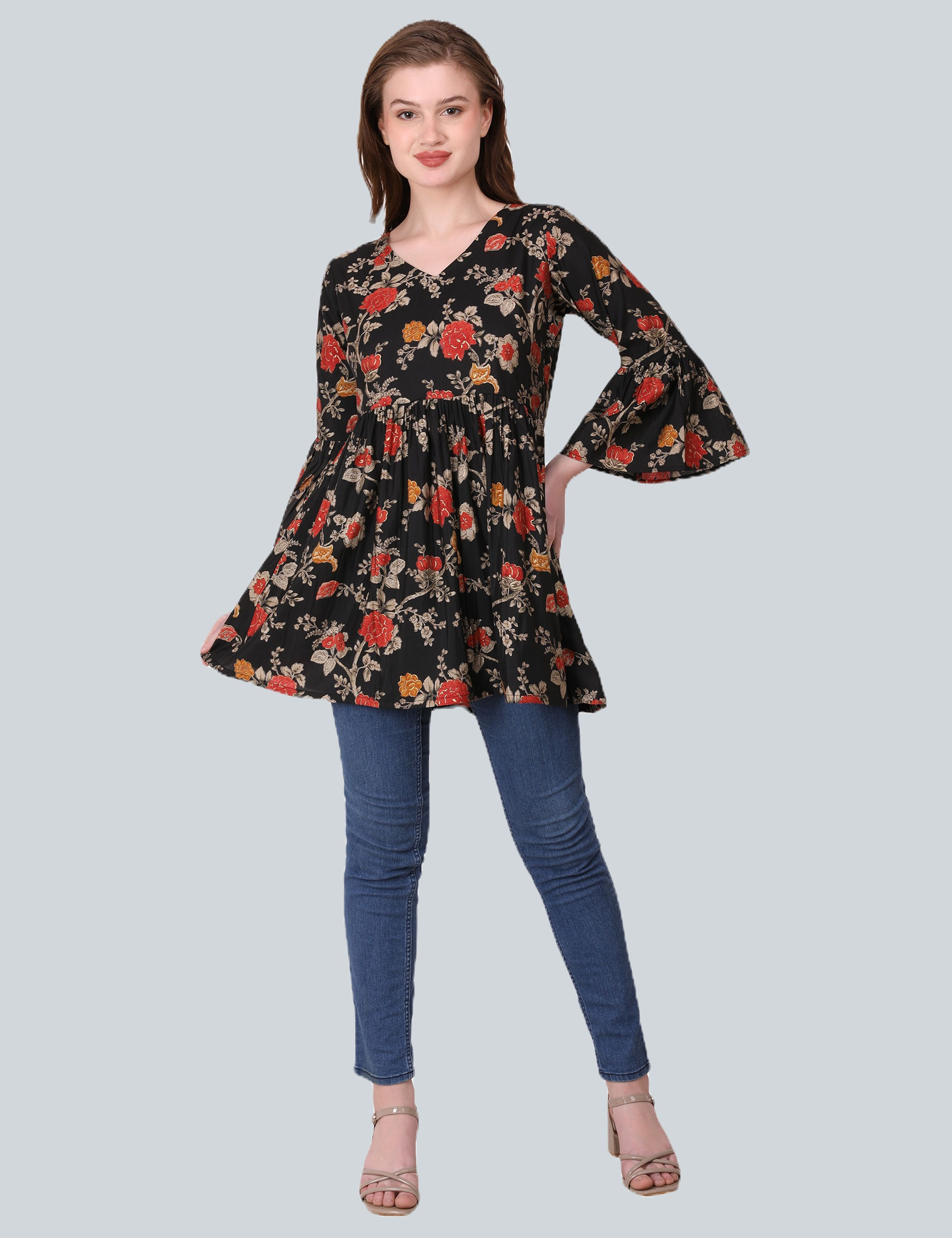Black Floral Printed MultiColor 3/4 Bell Frill Sleeve Women Peplum Top Tunic