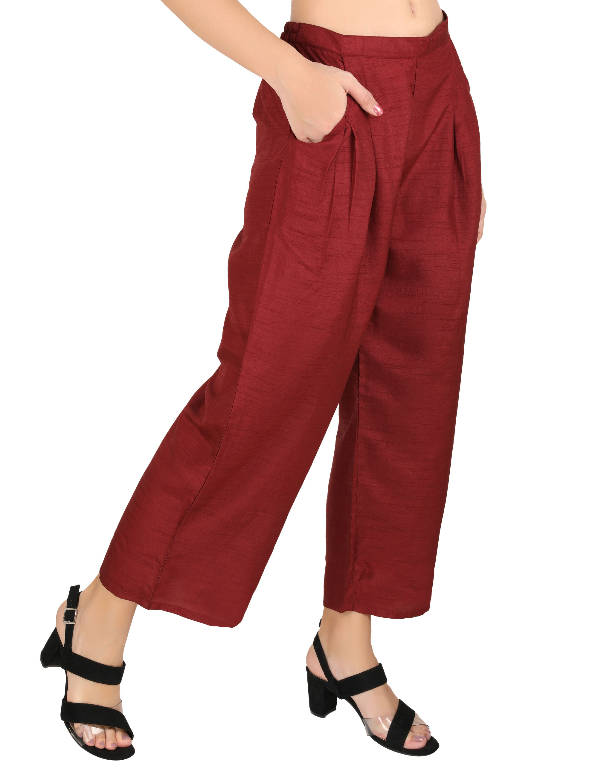 UNFAKENOW  Relaxed Women Solid Maroon Cotton Silk Trousers
