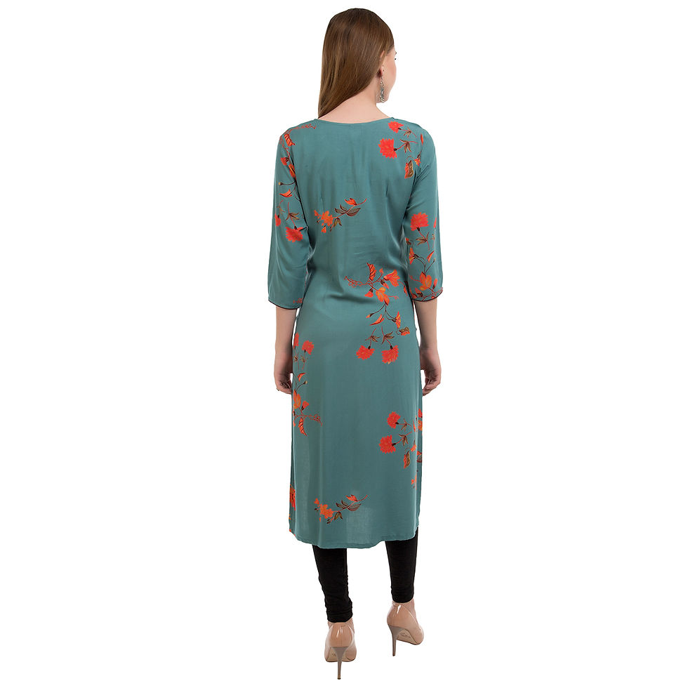 Thumbnail: UNFAKENOW  Women Floral Print Cotton Blend Straight Sea Green Kurta