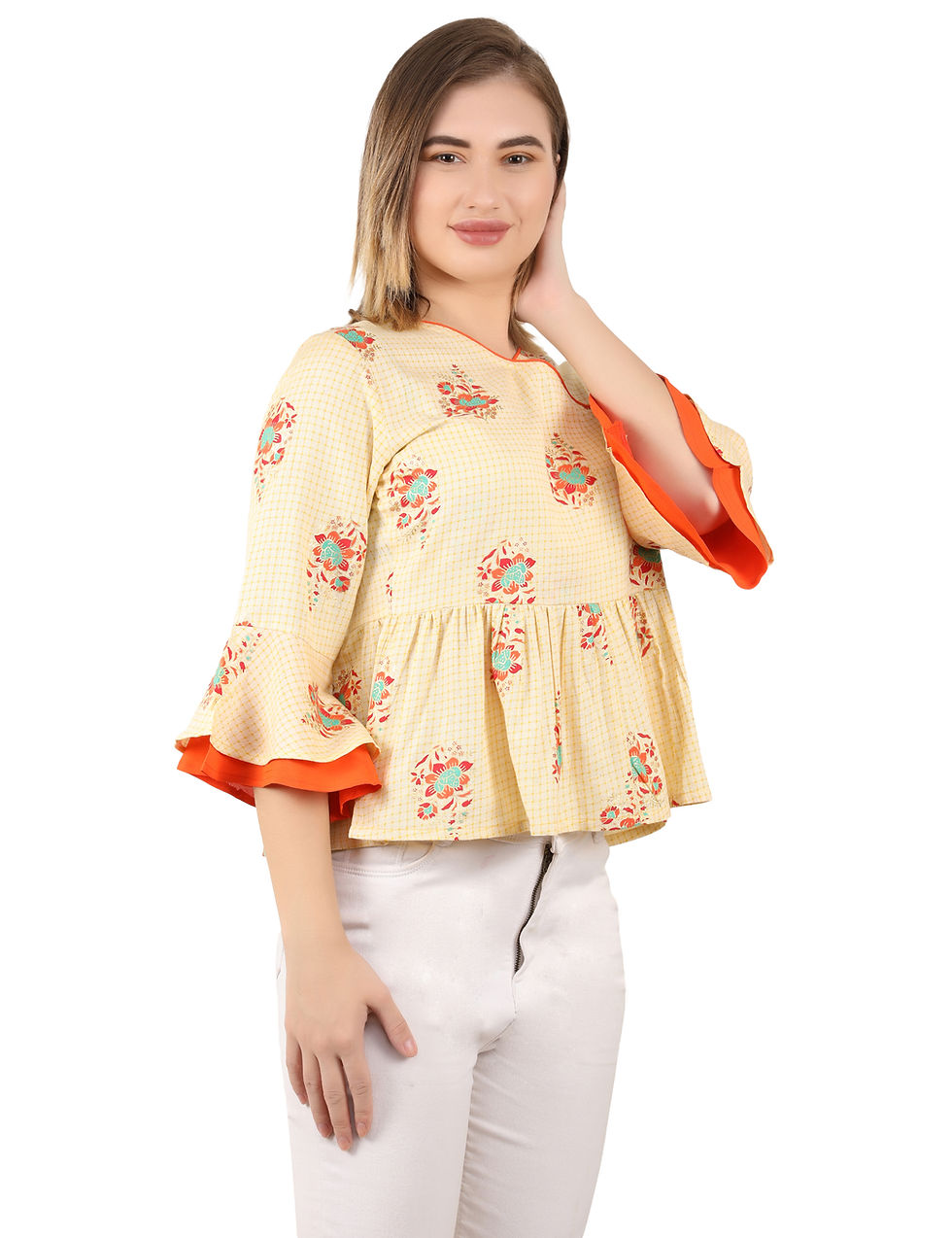 Thumbnail: yellow floral print cotton ruffle women latest bell sleeve peplum tie up top