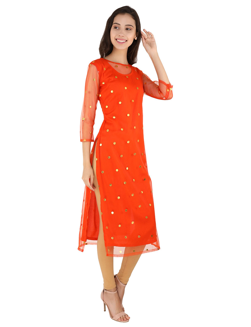 Thumbnail: UNFAKENOW  Women Foil printed Net Straight Orange Kurta