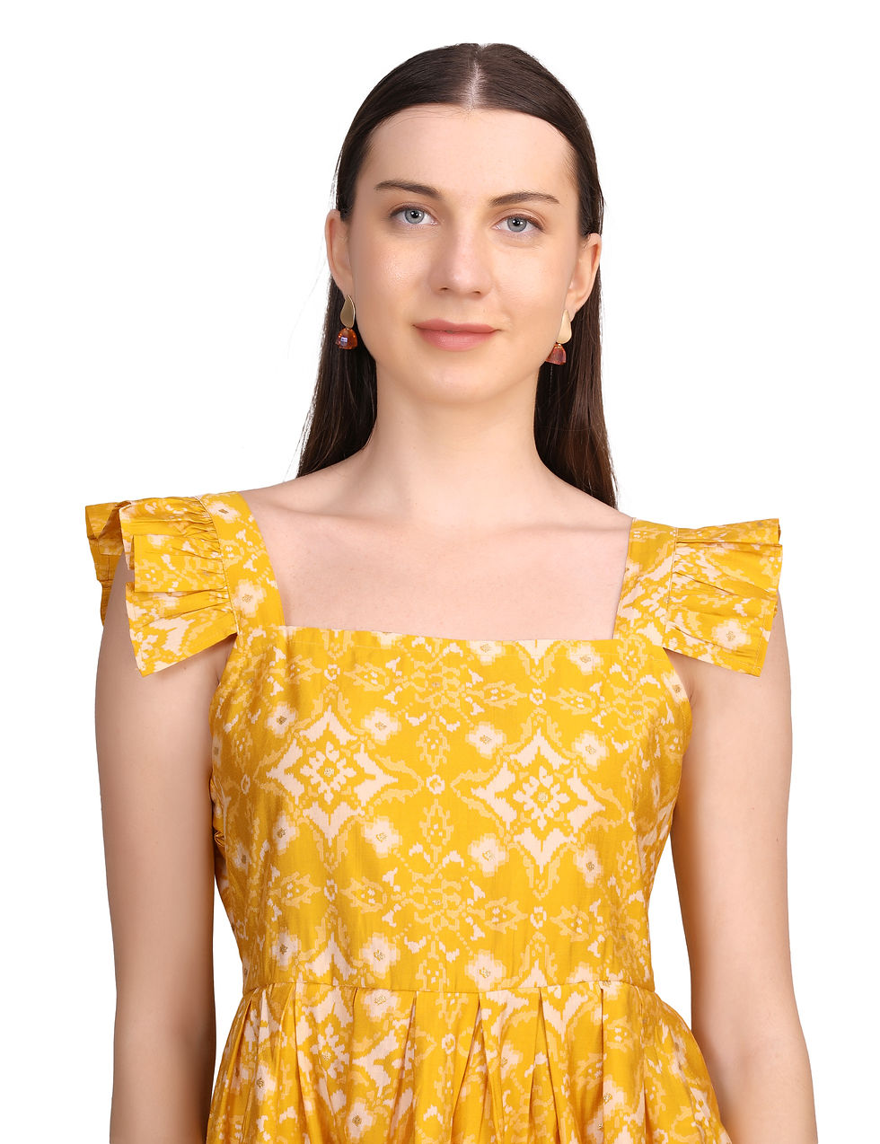 Thumbnail: Yellow Women Western Wear Printed Cotton Sleeveless Stylish Peplum Ruffle Top