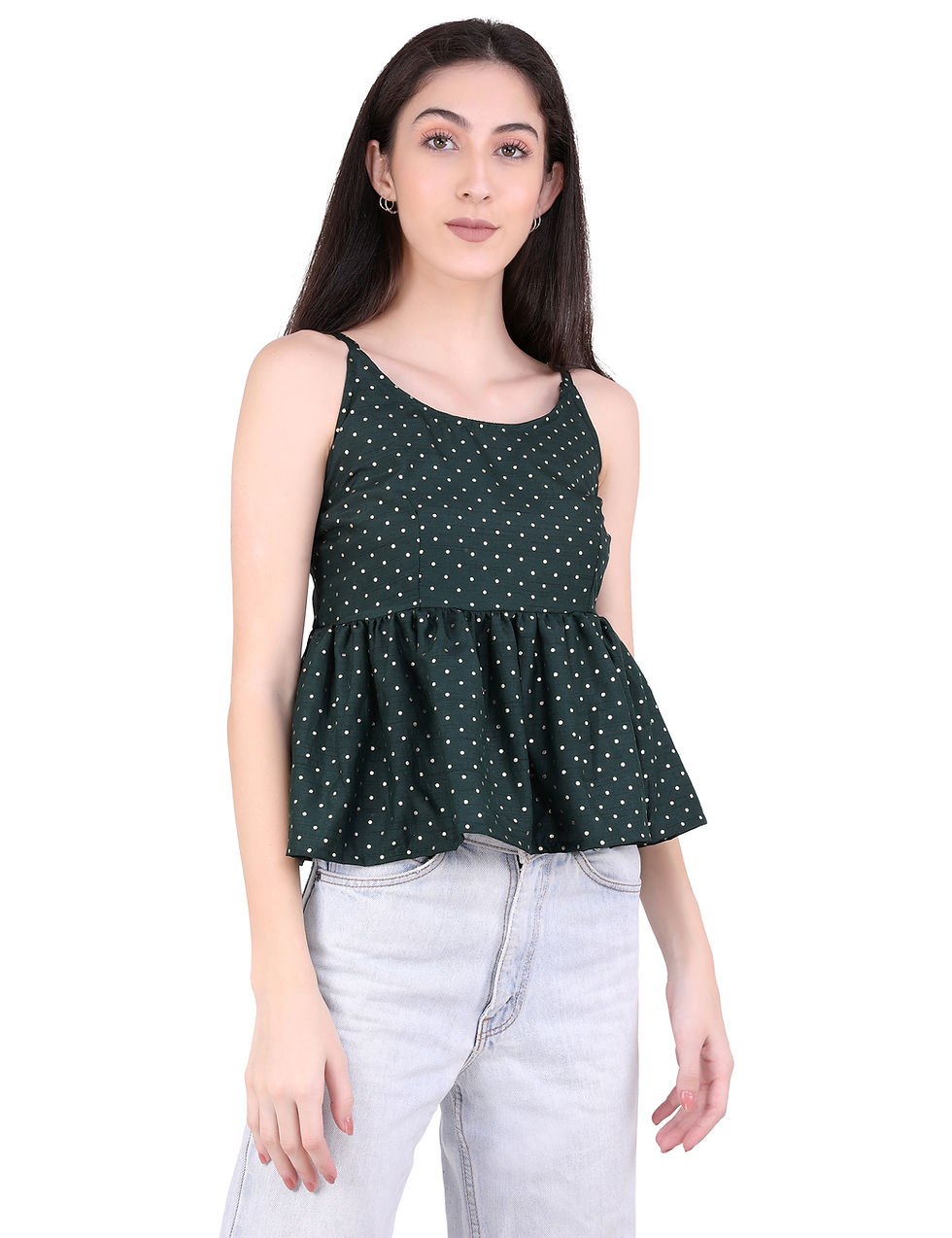 Thumbnail: UNFAKENOW  Casual Sleeveless Polka Printed Women Dark Green Top