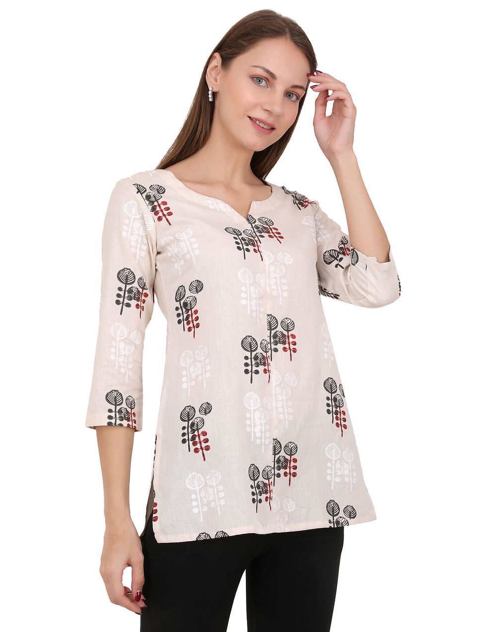 Thumbnail: Maroon Printed 3/4 Sleeve Cotton Trendy Women Ethnic Long Top Tunic Short Kurta
