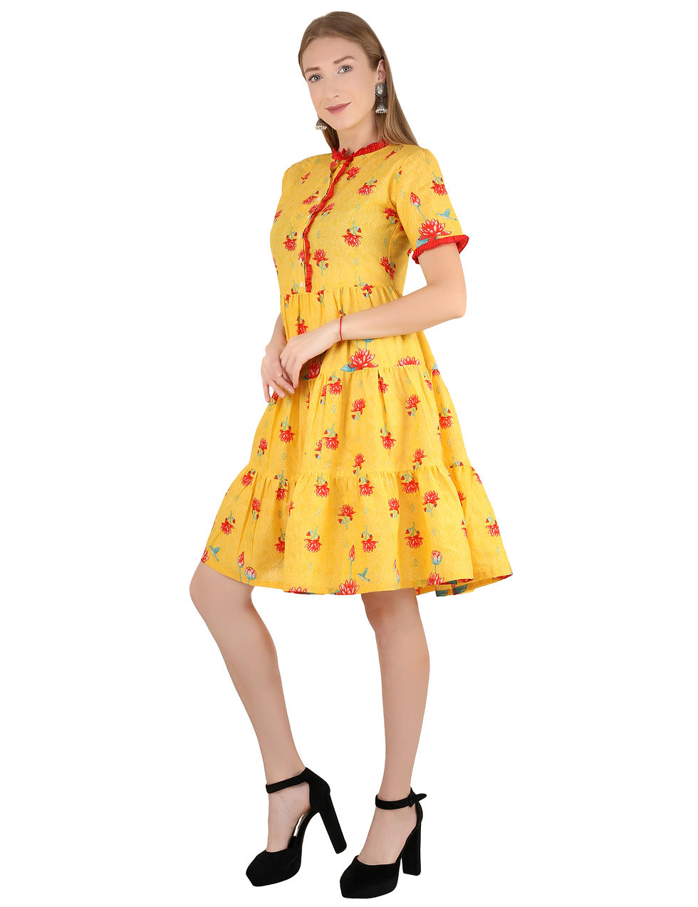 Thumbnail: UNFAKENOW  Women Floral Printed  Gathered Yellow Cotton Dress