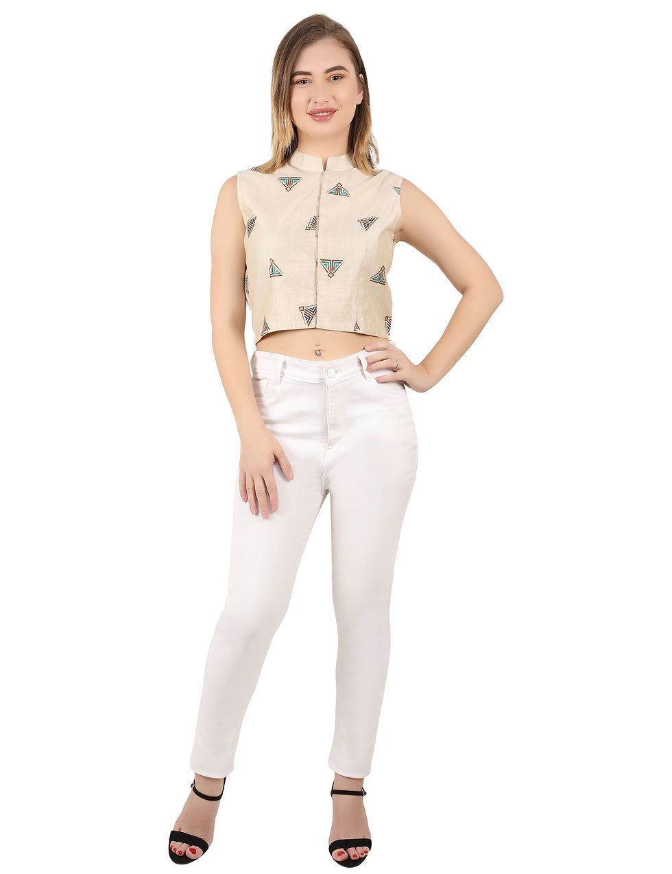 Thumbnail: UNFAKENOW Party No Sleeve Geometric Print Women Cotton Blend Crop Beige Top