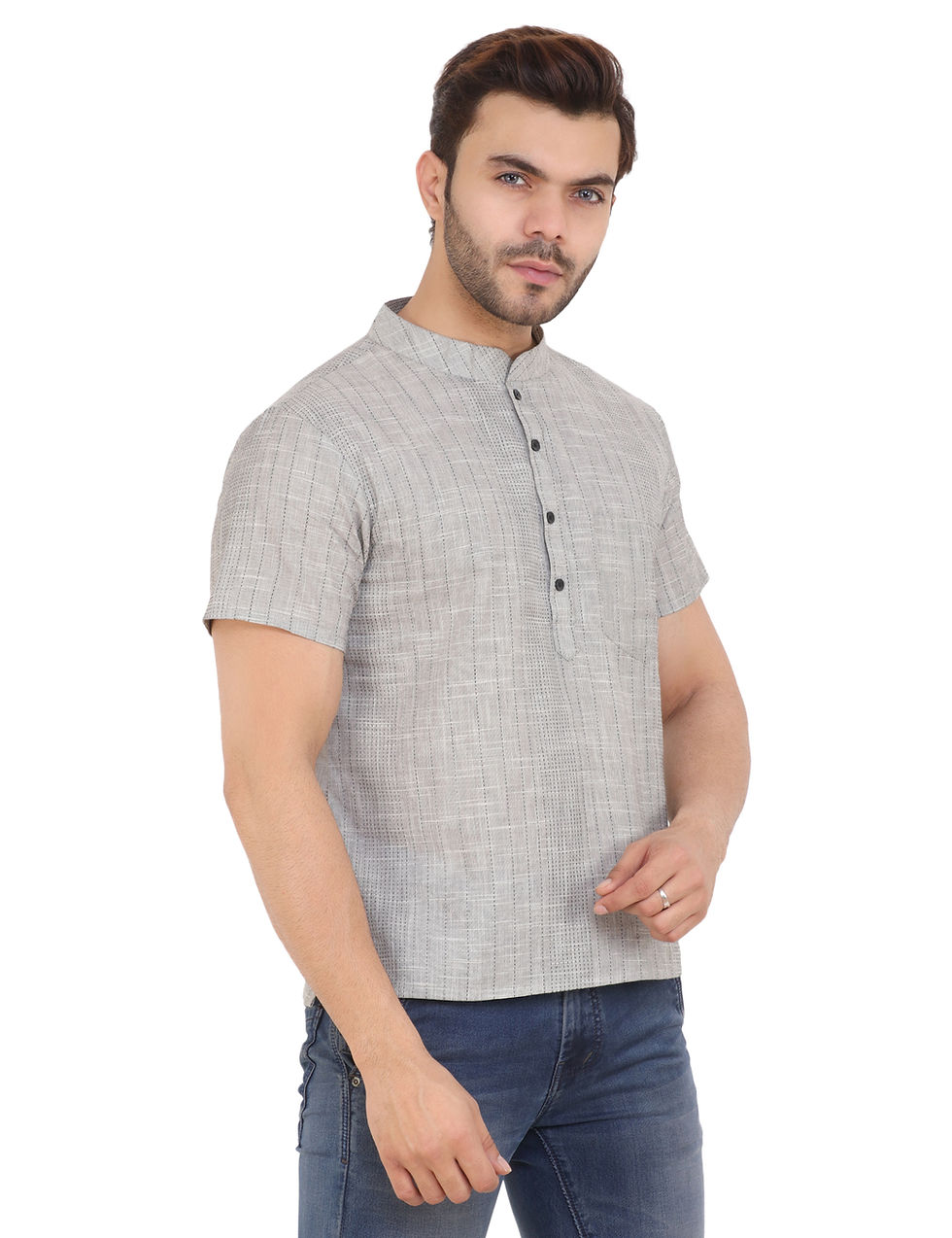 Thumbnail: UNFAKENOW  Men Striped Khadi Cotton Straight Kurta  (Grey)