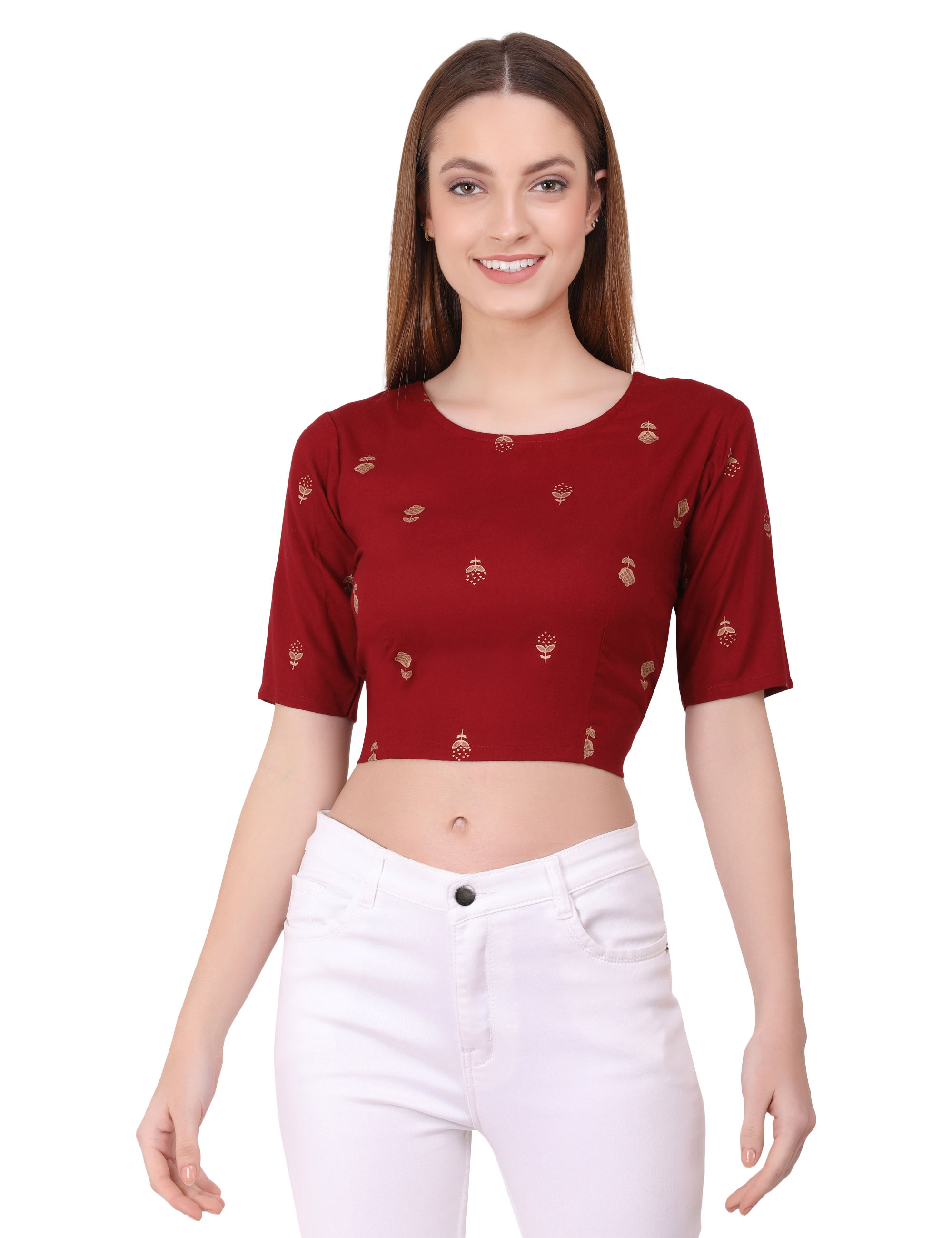 Maroon Floral Printed Rayon Women Open Tie Back Ethnic Party Crop Top Blouse