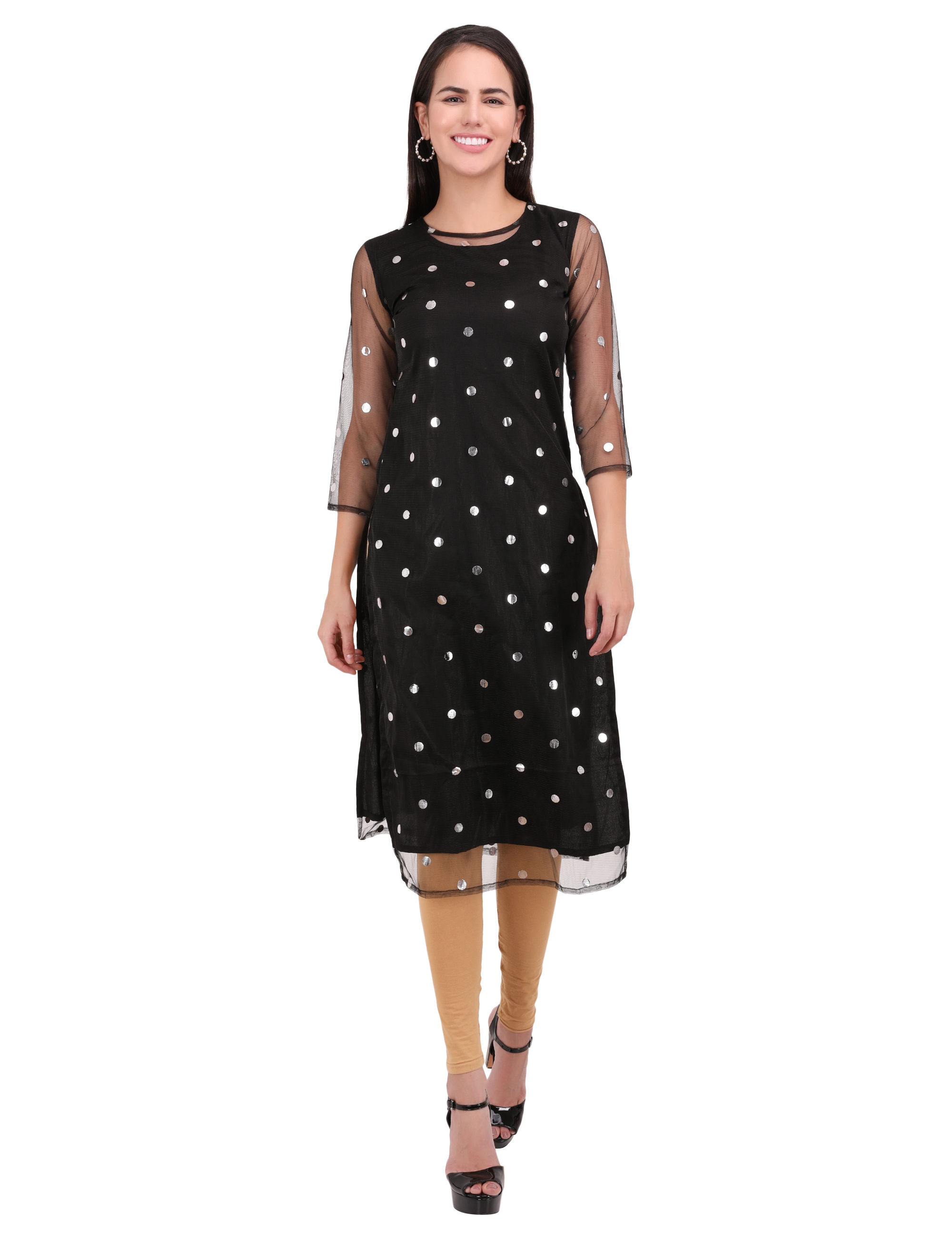 UNFAKENOW  Women Polka Dot Print Net Straight Black Kurta