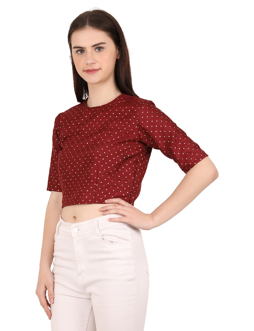 Thumbnail: UNFAKENOW  Casual Regular Sleeve Polka Foil Printed Women Maroon Cotton Top
