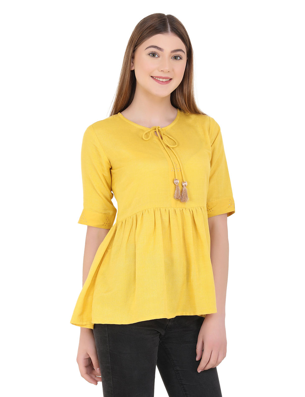 UNFAKENOW Casual Half Sleeve Solid Women Yellow Top