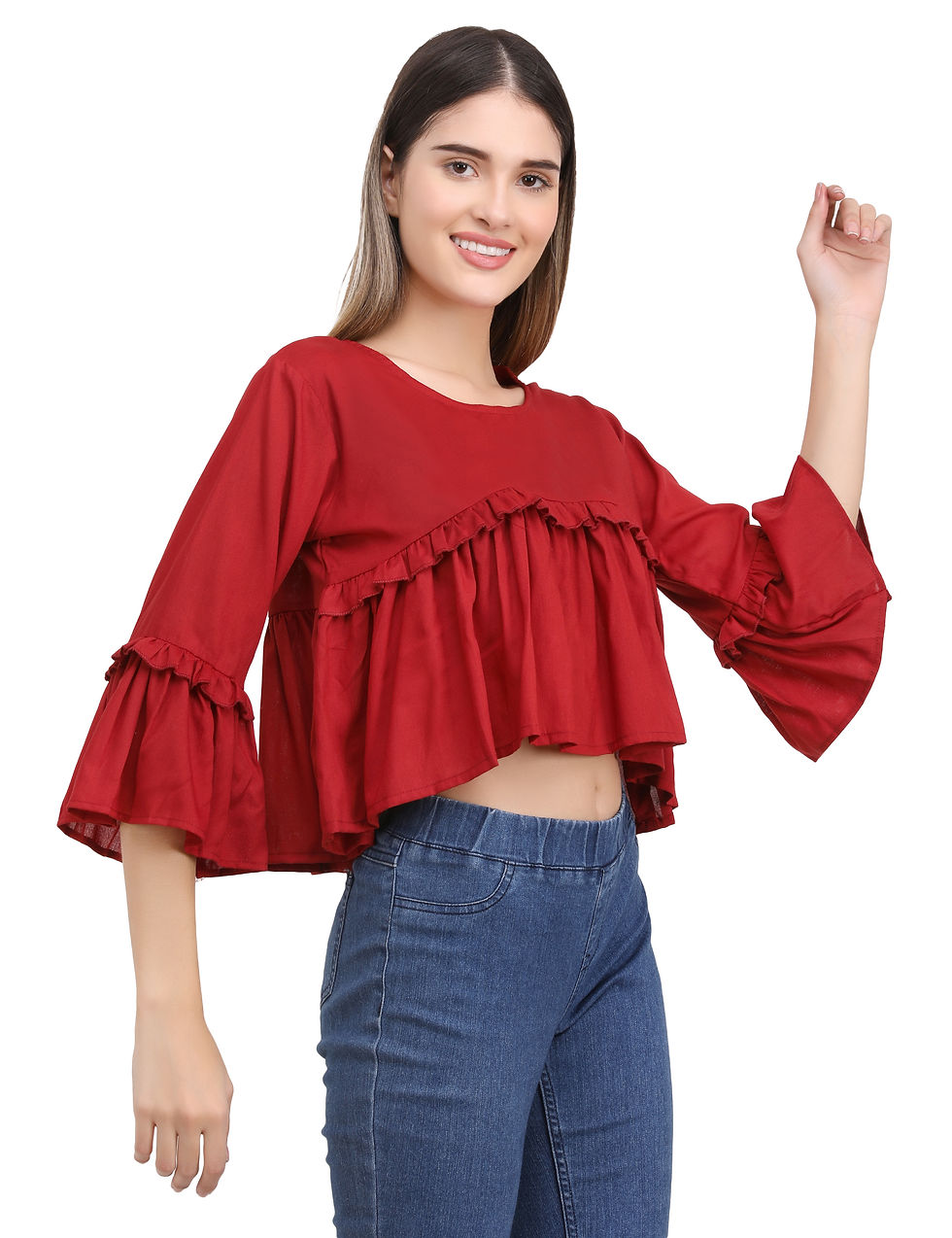 Thumbnail: Maroon Bell Sleeves Solid Cotton Women Ruffle Top