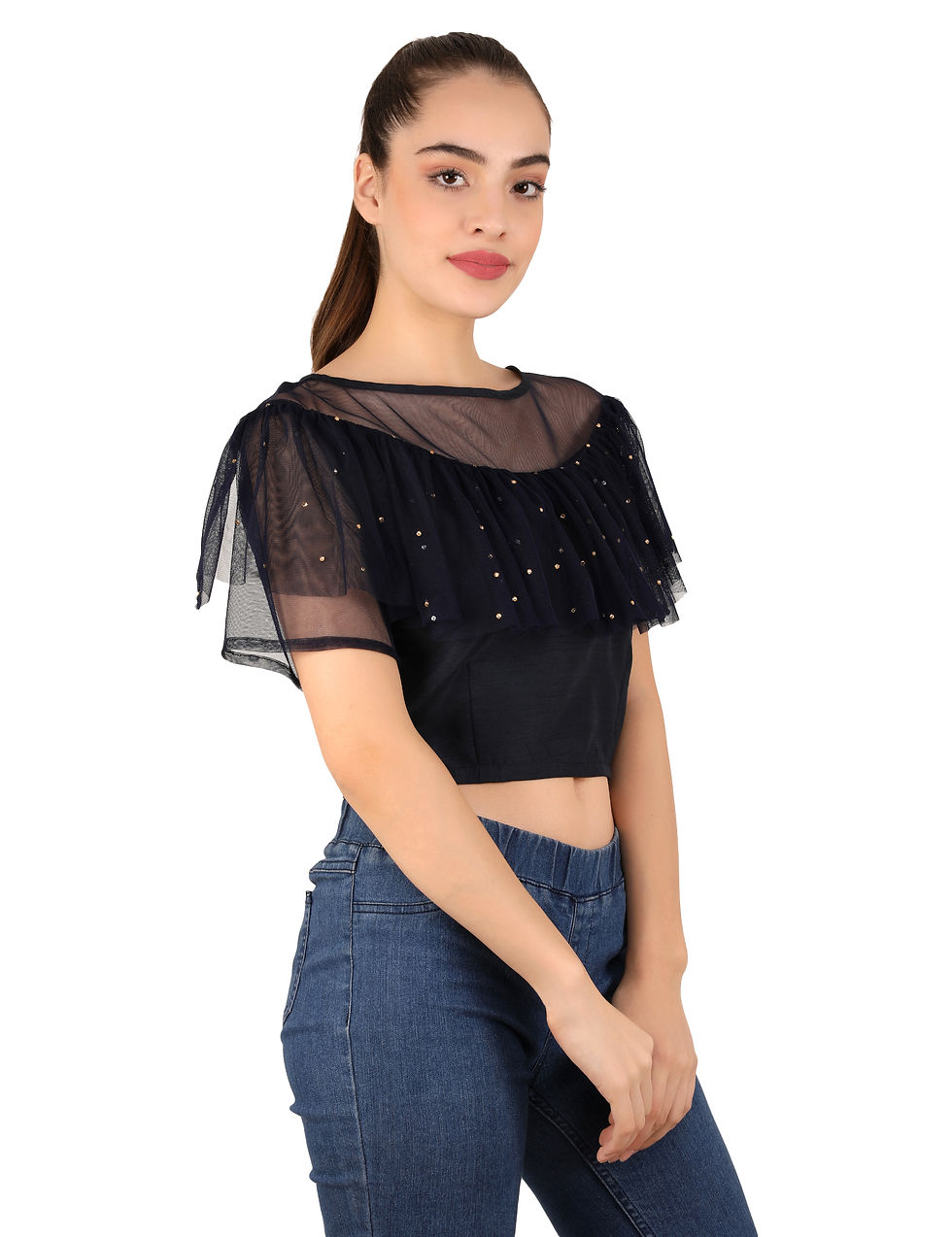 Thumbnail: women stylish ethnic sheer net cute pearl embellish western crop cape blue top