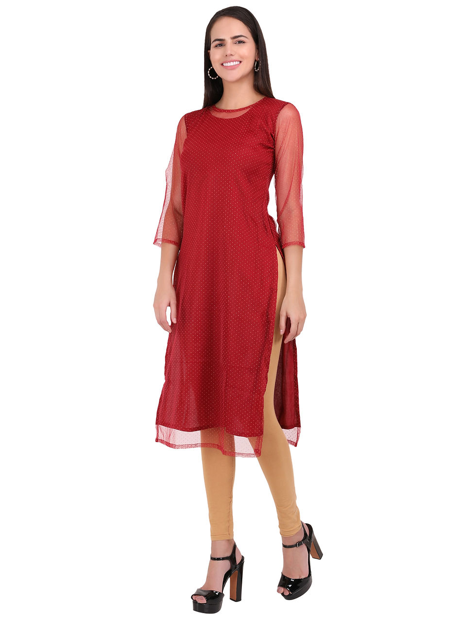 Thumbnail: UNFAKENOW  Women Polka Dot Embellished Net Straight Maroon Kurta