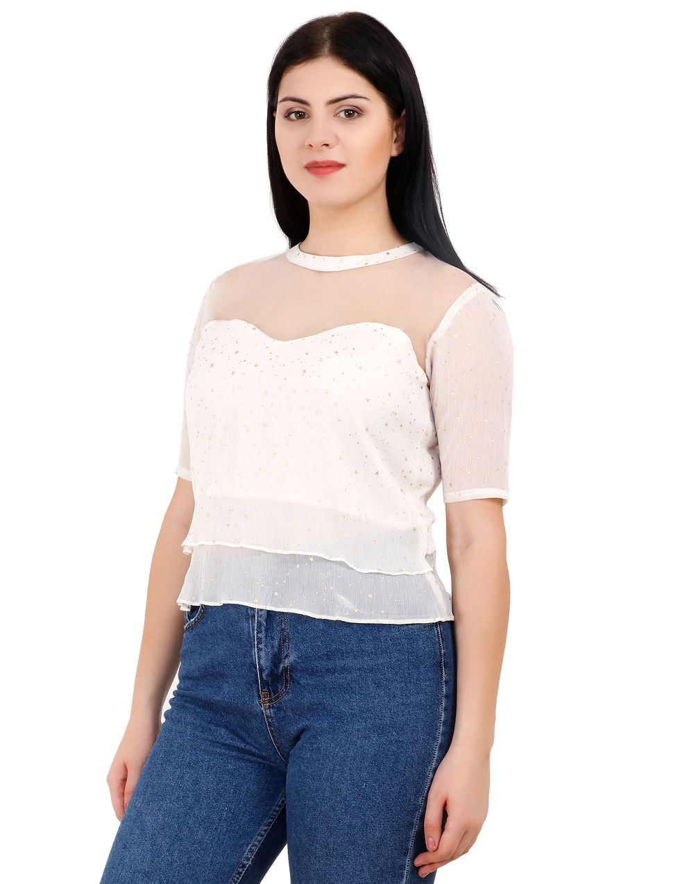 Thumbnail: UNFAKENOW  Party Regular Sleeve Printed Women White Top