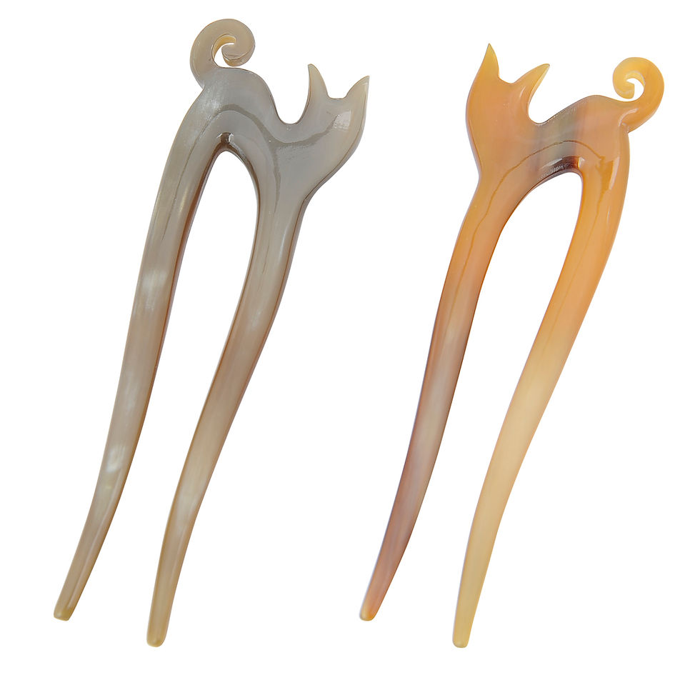 Miniature : Épingle à cheveux artisanale en corne – Chat minou ambre, ivoire HA0292