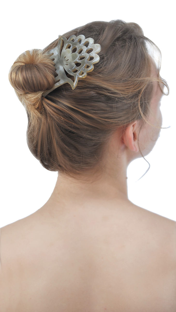 Miniature : Épingle à cheveux artisanale en corne – Lotus raffiné à 7 dents, cadeau HA0243