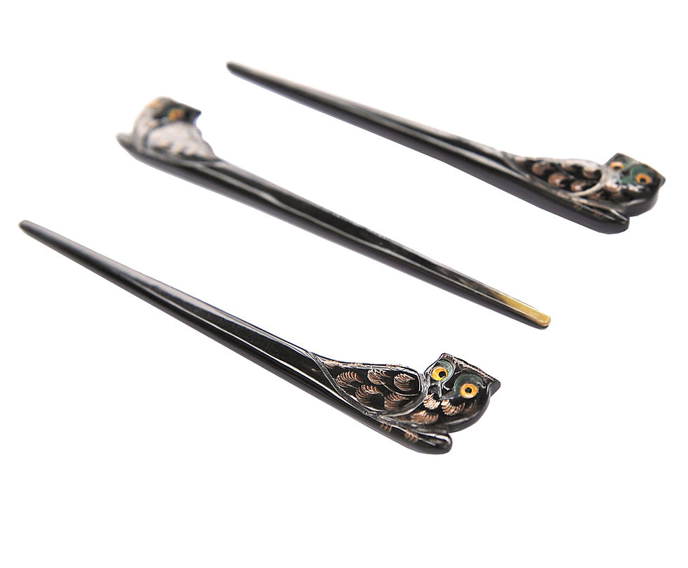 Miniature : Pique à cheveux artisanal en corne – Élégant hibou sculpté Noir HA0007_EU