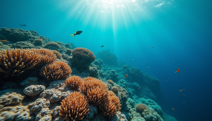 High angle view of Colombia Reef pinnacles with colorful coral and fish