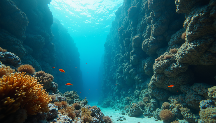 Wide angle view of Santa Rosa Wall with coral-covered vertical drop
