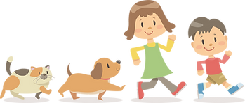 子どもと行進する犬と猫のイラスト
