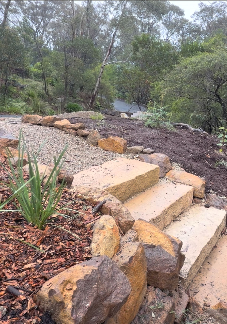 Sandstone steps before a misty bushland