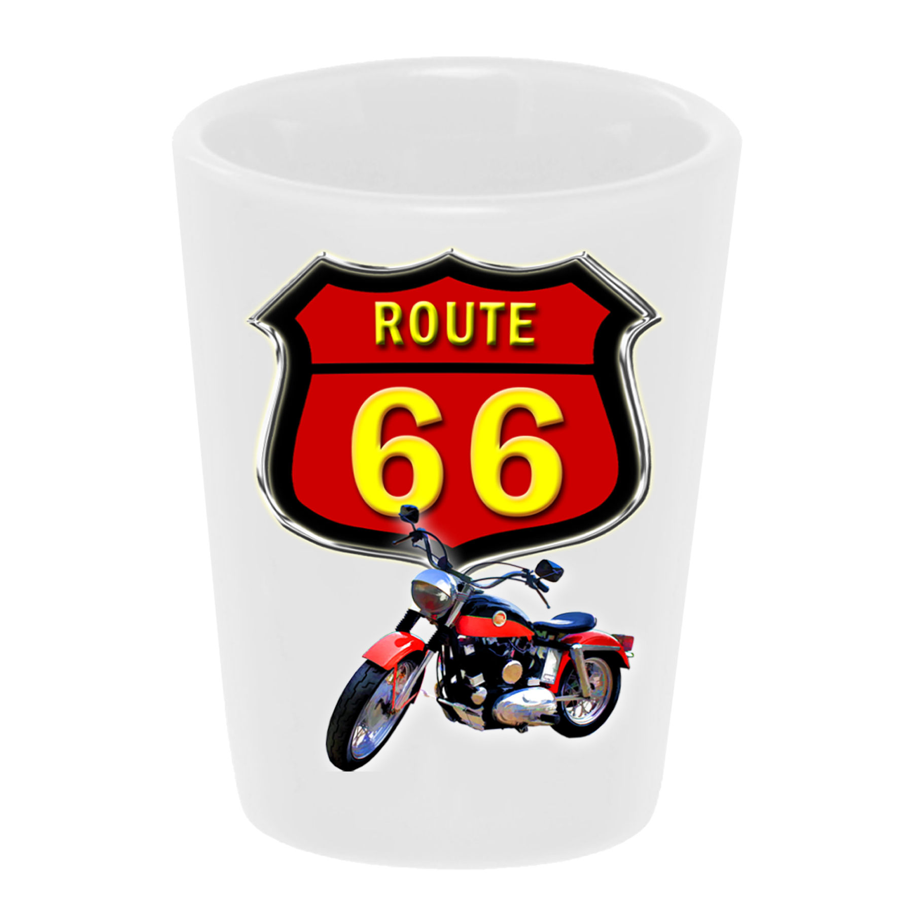 "Route 66 1960 Harley" Shot Glass Ceramic 1.5 oz./ Handmade in USA
