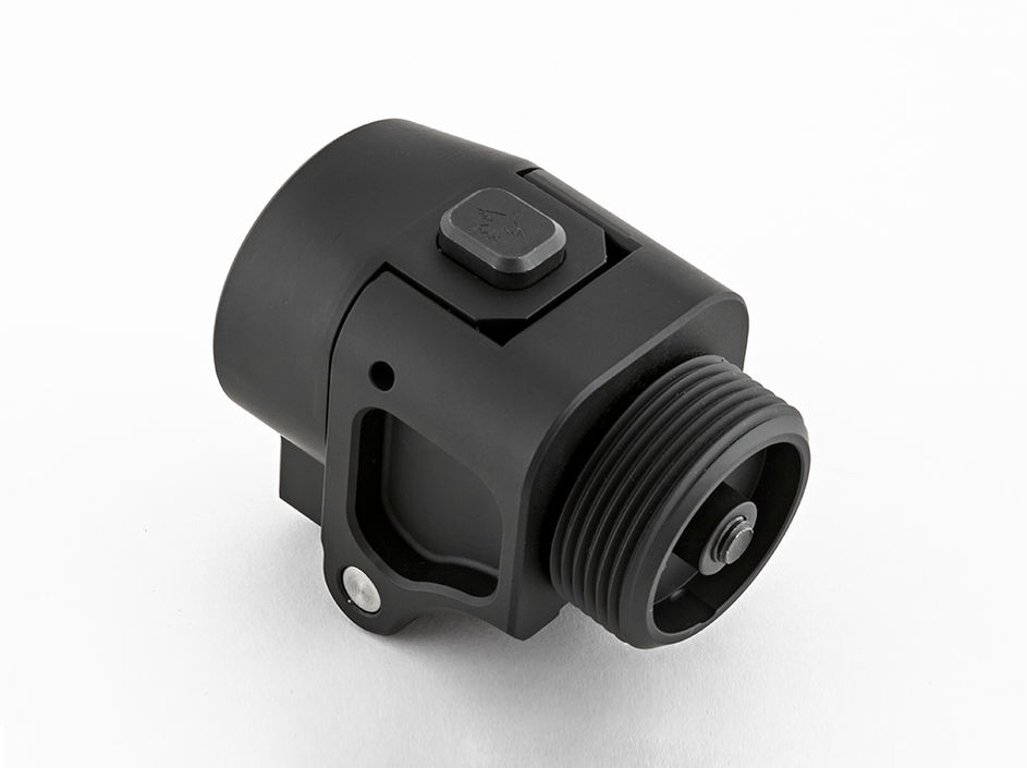 KPYK CRC 9038 Black Rear View — Perspective of the threaded end of the black folding stock mechanism.