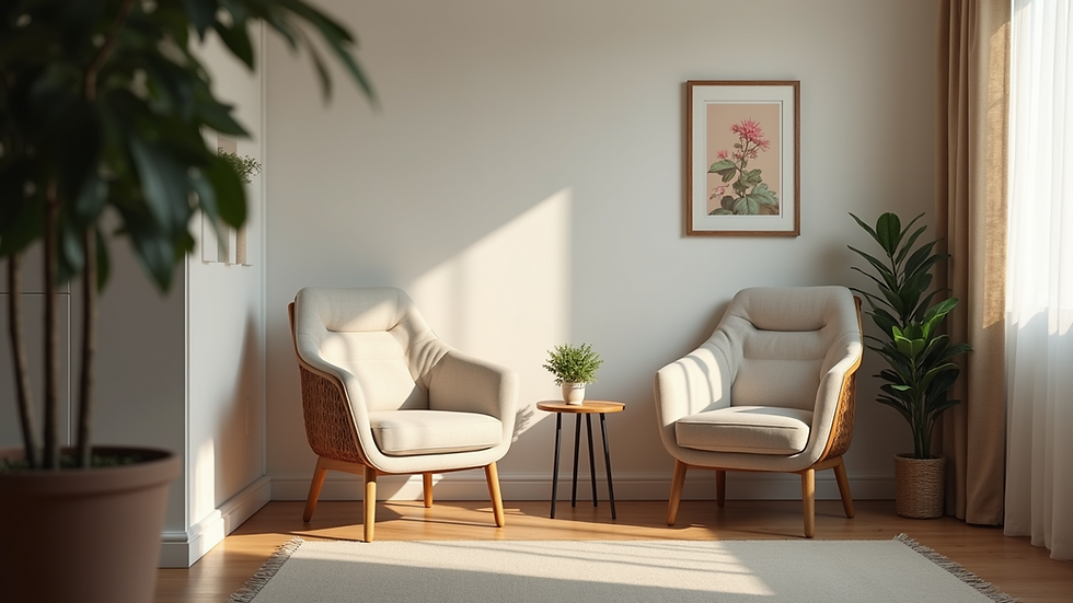 Eye-level view of a cozy consultation room with a comfortable chair and a small table