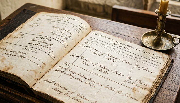 Close-up view of a worn church register page with handwritten family names.
