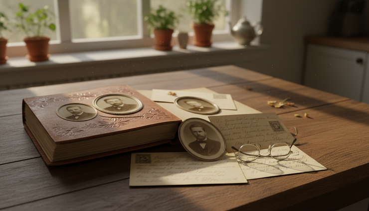 Eye-level view of an old family photo album resting beside handwritten letters
