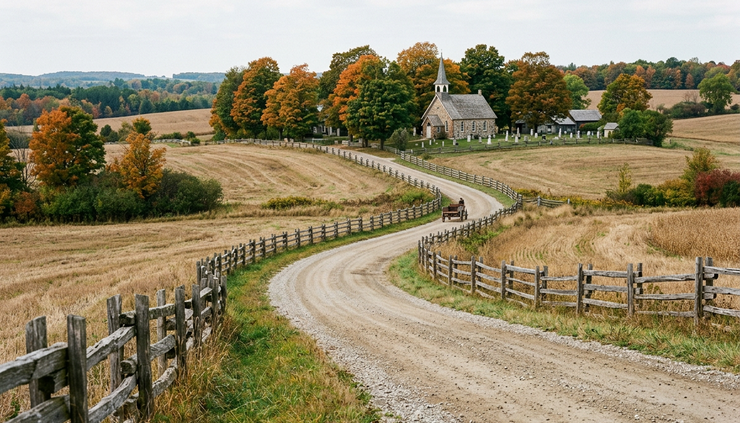 Wide-angle view of an old Ontario concession road bordered by fields and split-rail fences.