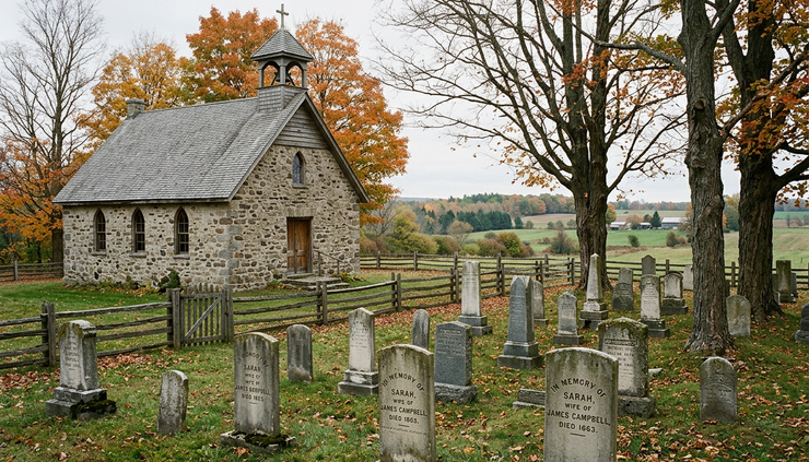 Eye-level view of a small historic cemetery beside a rural stone church.