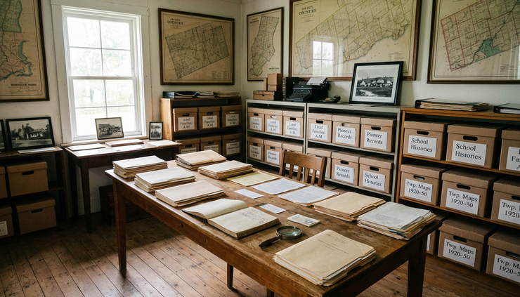 Wide-angle view of a community history room with old maps and archival boxes.