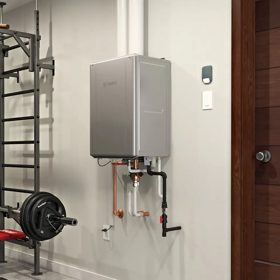 Wall-mounted tankless water heater in a home gym