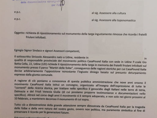 Chiesto il riposizionamento della targa per i Friulani infoibati