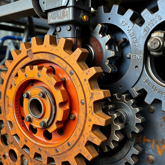 Metal industrial machine gears in siler and orange colors.