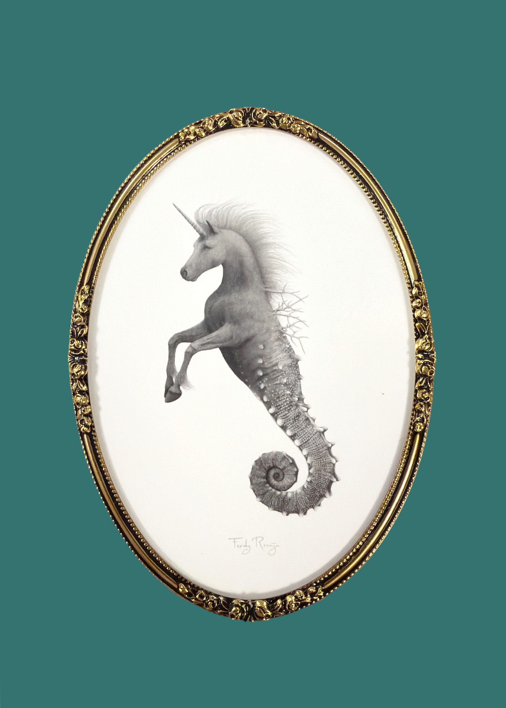 Zee eenhoorn, art print in vintage lijst