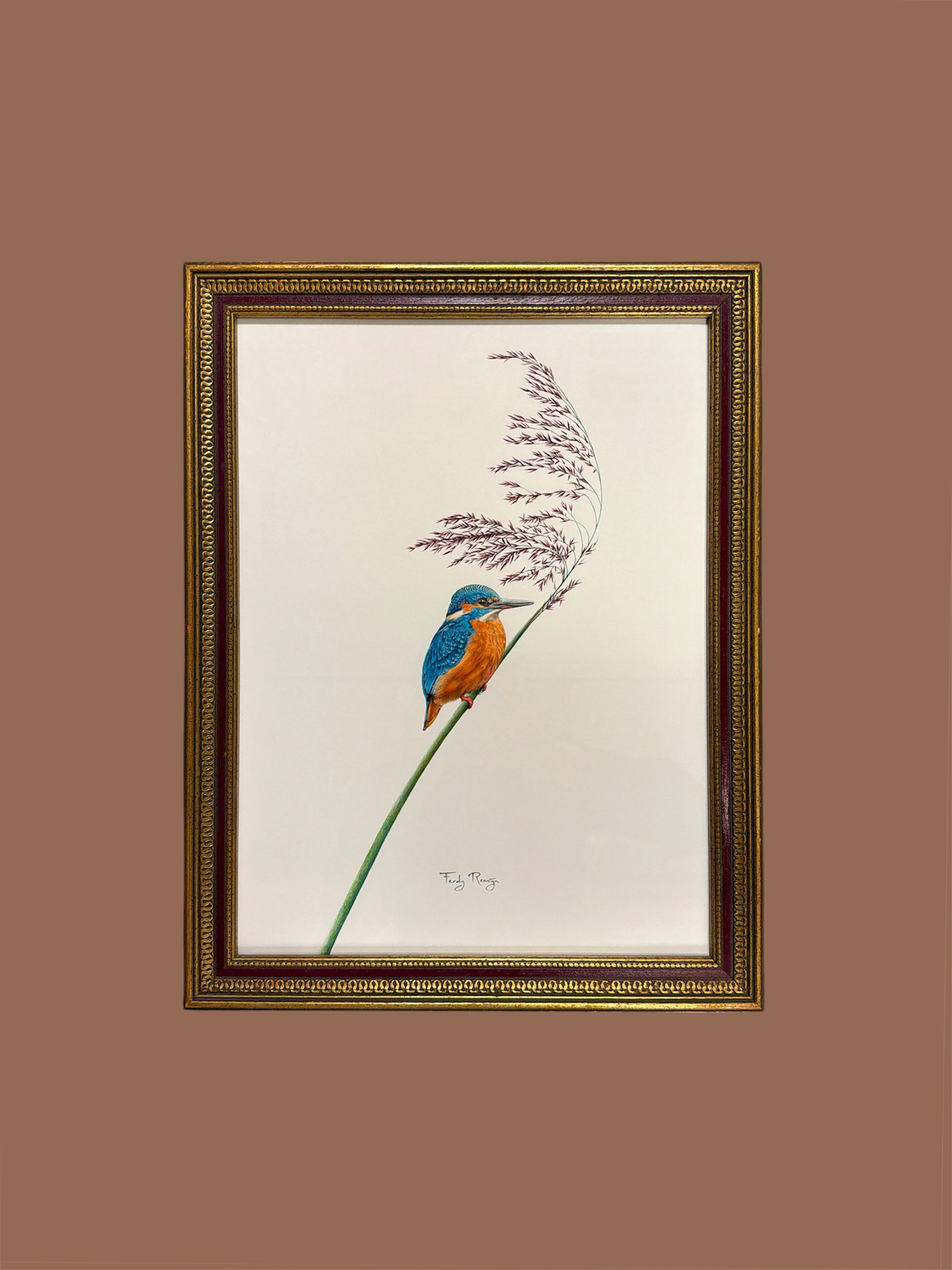De stilte 'The Quiet' ijsvogel origineel kunstwerk in vintage lijst