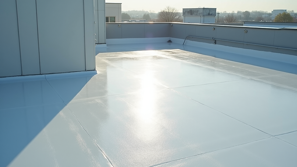 High angle view of a commercial flat roof with reflective acrylic-polyurethane hybrid coating