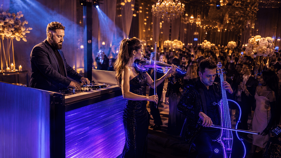 DJ y músicos con violín y chelo eléctricos en la fiesta de una boda en Madrid — Deamare El