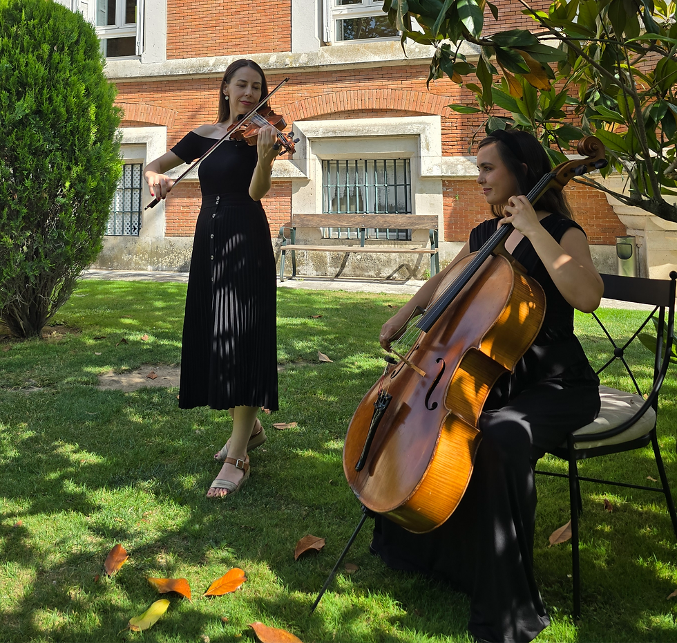 Grupo musical en directo actuando durante una ceremonia de boda al atardecer en Madrid