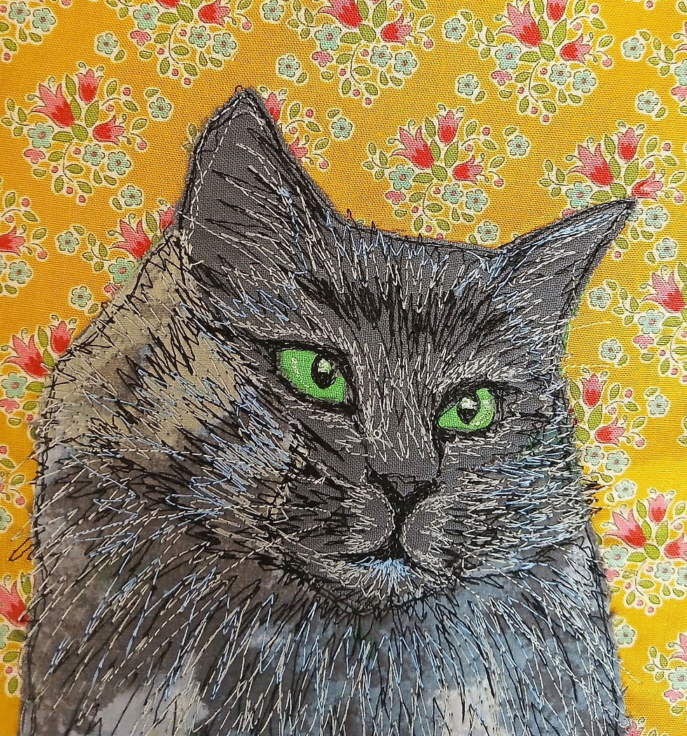 Applique Pet Portrait cat fabrics free-motion machine embroidery textile design art craft workshop