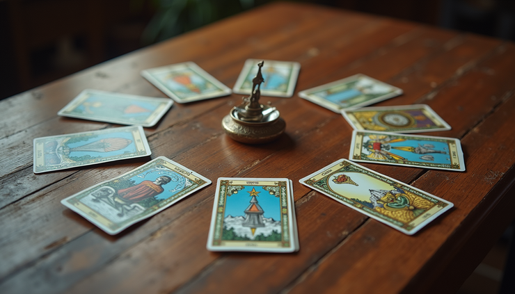 Vista cenital de cartas de Tarot dispuestas en círculo sobre una mesa de madera