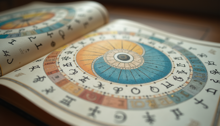Vista a nivel de ojo de un calendario zodiacal con símbolos de los signos y colores representativos