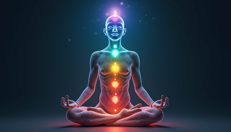 Vista frontal de un cuerpo humano con los siete chakras alineados desde la base hasta la coronilla